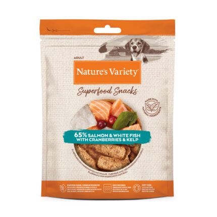 nature's variety superfoods snacks salmão e peixe branco com arando e algas 85gr